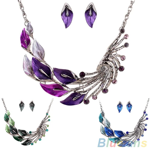Retro Tibetan Leaf Peacock Crystal Rhinestone Drop Earrings Short Necklace Set 1C2U | Украшения и аксессуары