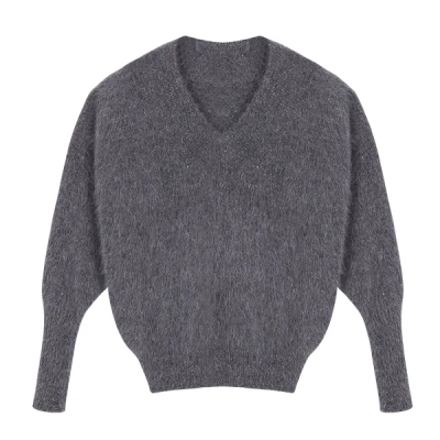 BAHTLEE осенне-зимний женский вязаный пуловер из ангорской кролики, свитер с v-образным вырезом, джемпер с рукавом летучая мышь, модный теплый свободный свитер - Цвет: Deep gray