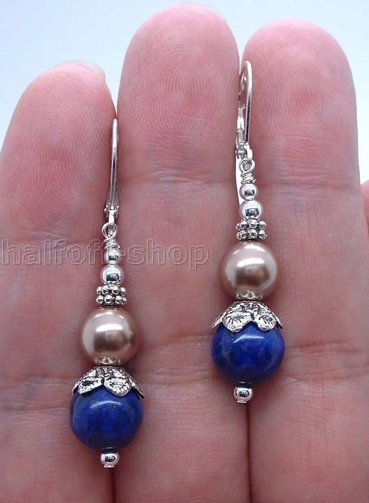 

Free shipping@ Handmade Blue Lapis Lazuli W. Champagne South Seashell Akoya Pearls SS Earrings 6.10