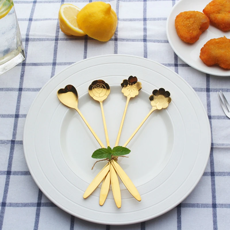 

Stainless Steel Golden Cherry Blossom Spoon Ice Cream Spoon Flower Shape Tea Coffee Spoons Flatware Kitchen Gadgets