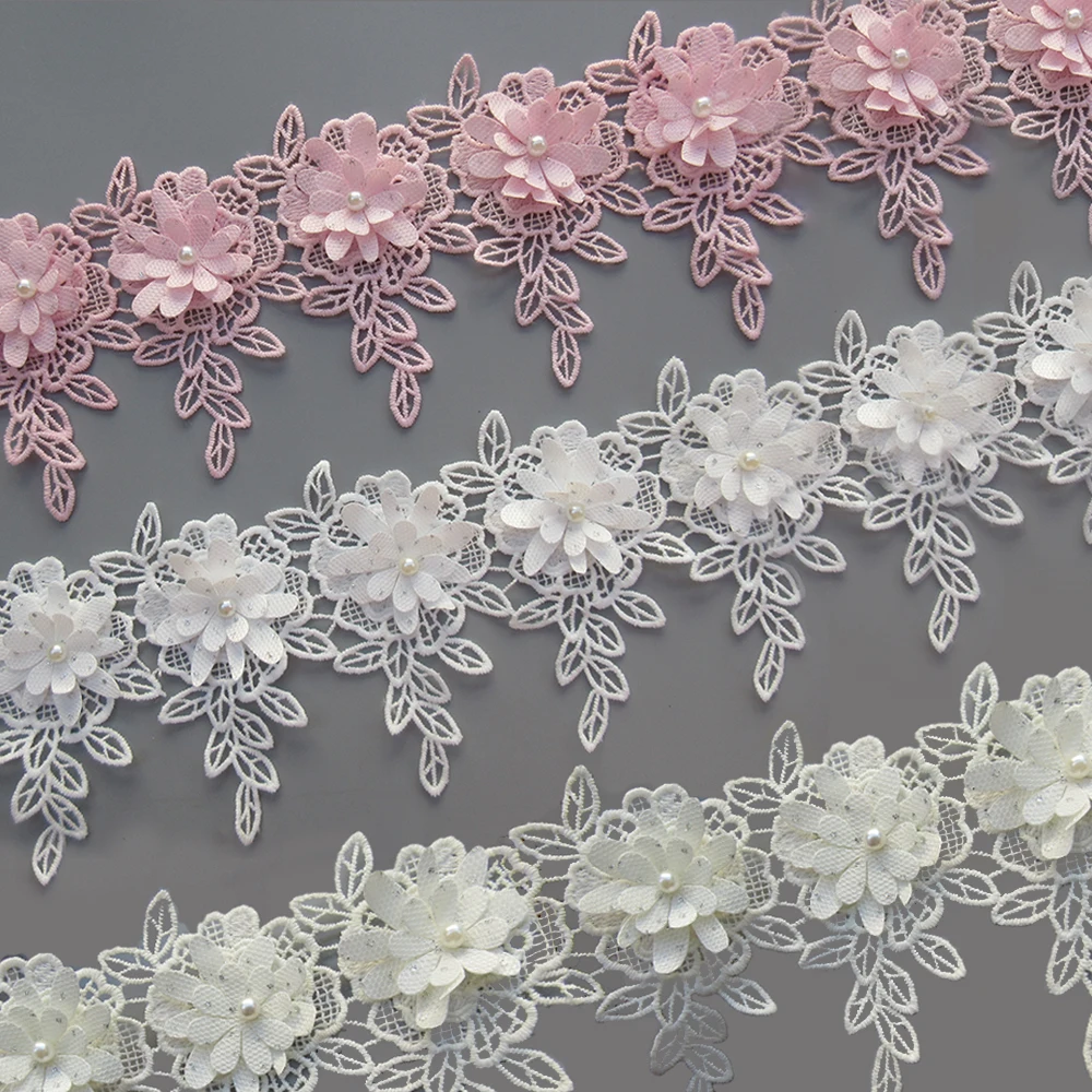 

1Meter 102mm White Pink Bead Flower Lace Ribbon Fringed Leaves Trim Edge Fabric Embroidered Applique Sewing Craft Dress Clothes