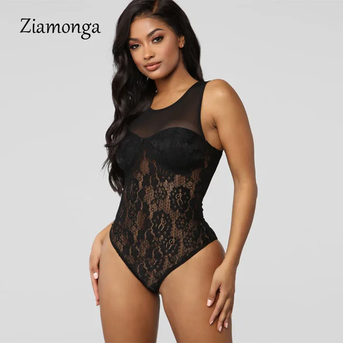 Ziamonga, женское Черное Кружевное боди, сексуальное, без рукавов, с круглым вырезом, топы, Женская Клубная одежда, обтягивающие прозрачные боди