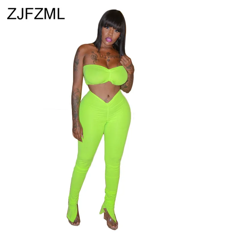 

Neon Green Sexy Two Piece Set Summer Clothes For Women Off Shoulder Backless Crop Top + Draped Pencil Pants 2 Piece Club Outfit