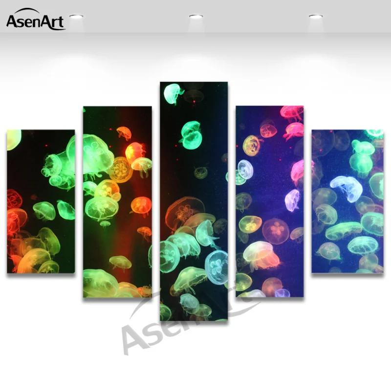5 панель флуоресцентные медузы красочные картины животных для гостиной украшения дома настенные принты для художественных холстов картина без рамки