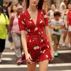 Летнее платье 2019 Модное Новое платье с v-образным вырезом в ретро-стиле, красное цветочное Бандажное платье трапециевидной формы, женское