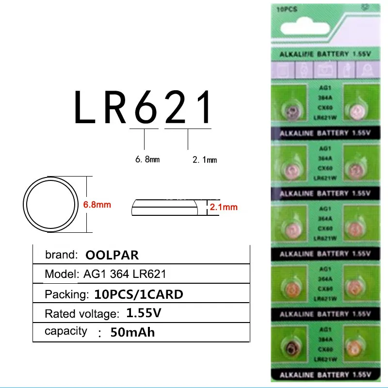 Супер батарея OOLAPR 10 шт./лот для часов 364 SR621SW AG1 LR621 SR621 164 LR60 L621 1 55 в Кнопочная монет