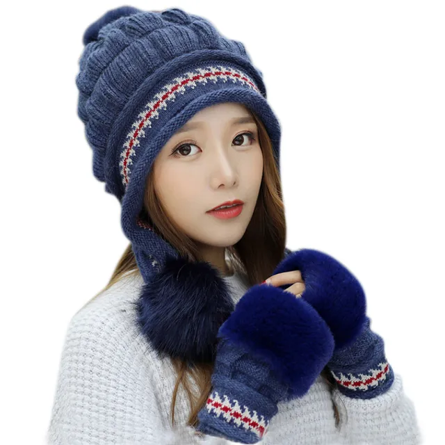 2018 Winter Scarf Gloves 2 Pieces Set Women Warm Knitted Beanie Hat