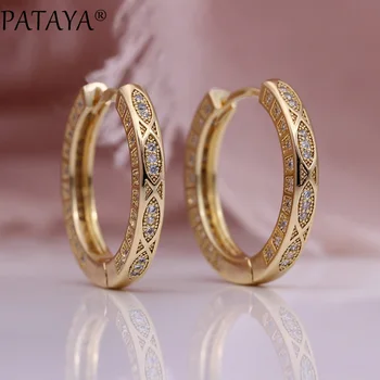 

PATAYA New 585 Rose Gold Circle Drop Earrings Women Wedding Jewelry White Round Natural Zircon Luxury Fashion Retro Grid Earring