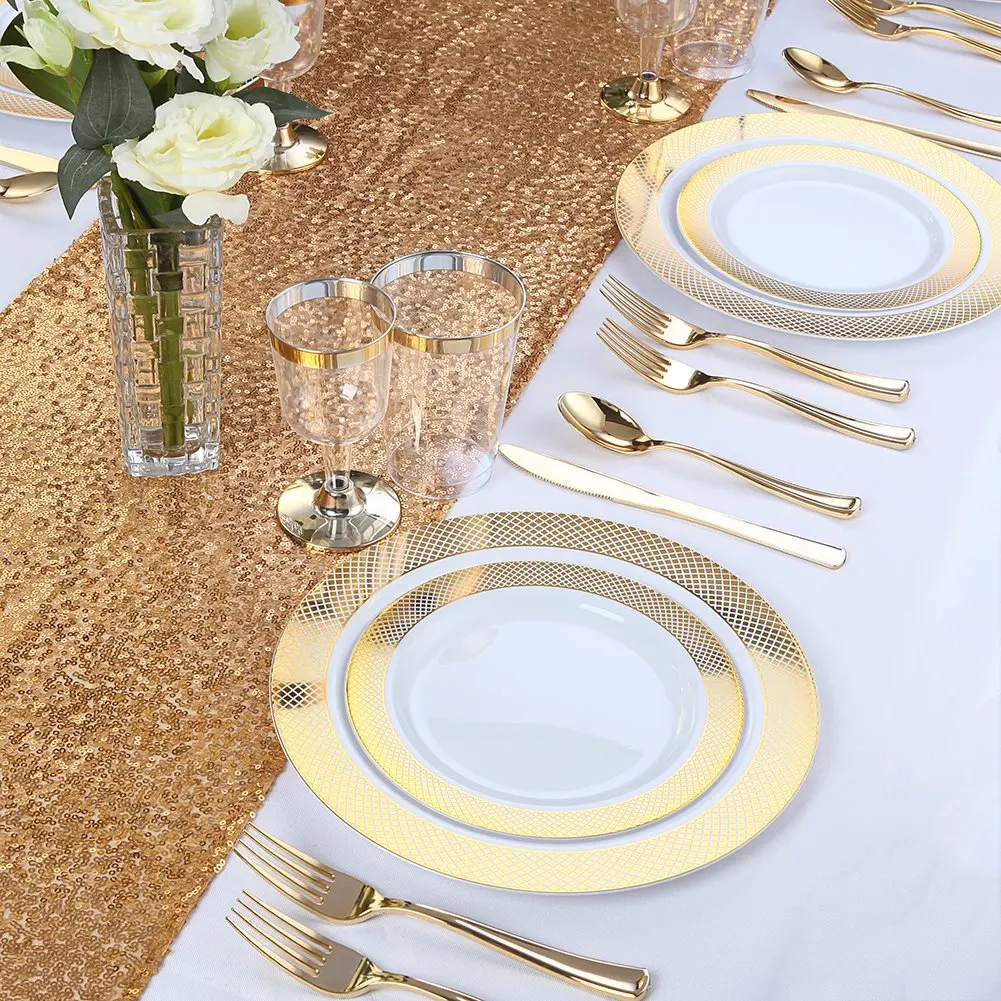 Gold Plastic Knives Disposable Cutlery, Heavy Duty Flatware, Plastic Silverware Set for Catering Events, Parties, Weddings