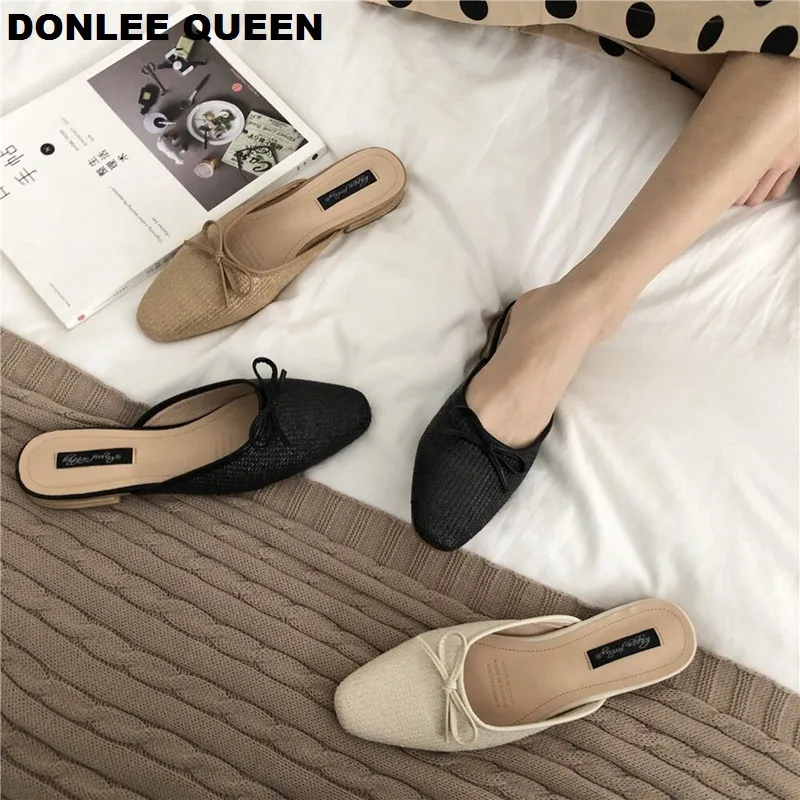 

Women Brand Flat Slippers Summer Slides Bowtie Shallow Square Toe Mule Women Breathable Knitting Flip Flops Women Platform Shoes