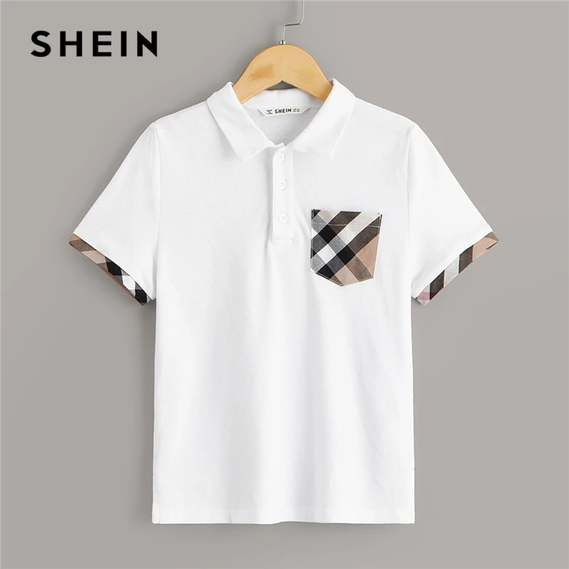 

SHEIN Kiddie Plaid Print Pocket Patched Half Placket Boys Preppy Shirt Kids 2019 Summer Short Sleeve Casual Teenagers Tops