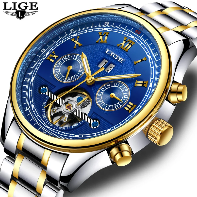 

Top luxury luxury brand LIGE fashion casual automatic mechanical watch men's steel waterproof men's clock relogio masculino