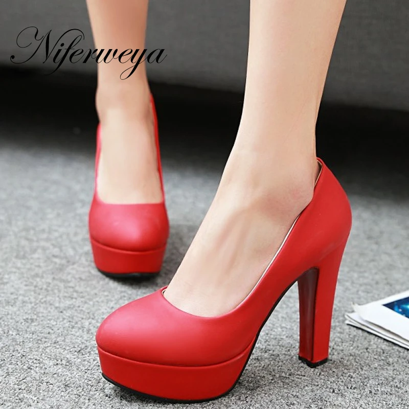 Spring/autumn 12 cm thick heel Platform high heels big size 32 43 Round