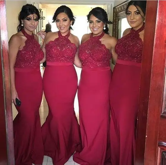 

Burgundy 2019 Cheap Bridesmaid Dresses Under 50 Mermaid Halter Beaded Lace Long For Women Wedding Dress For Guest Burgundy