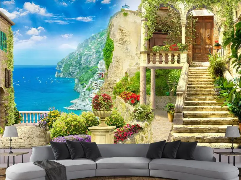 

Modern Home Decor Wallpaper For Walls 3D garden sea landscape beautiful Kitchen Wallpaper For Hotel , cafe , KTV