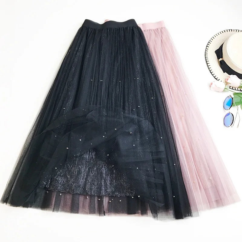 

2019 Spring New Arrival Long Skirts For Women Korean Style Pearl Beading Pleated Skirt Elegant Tulle Skirt Free Shipping