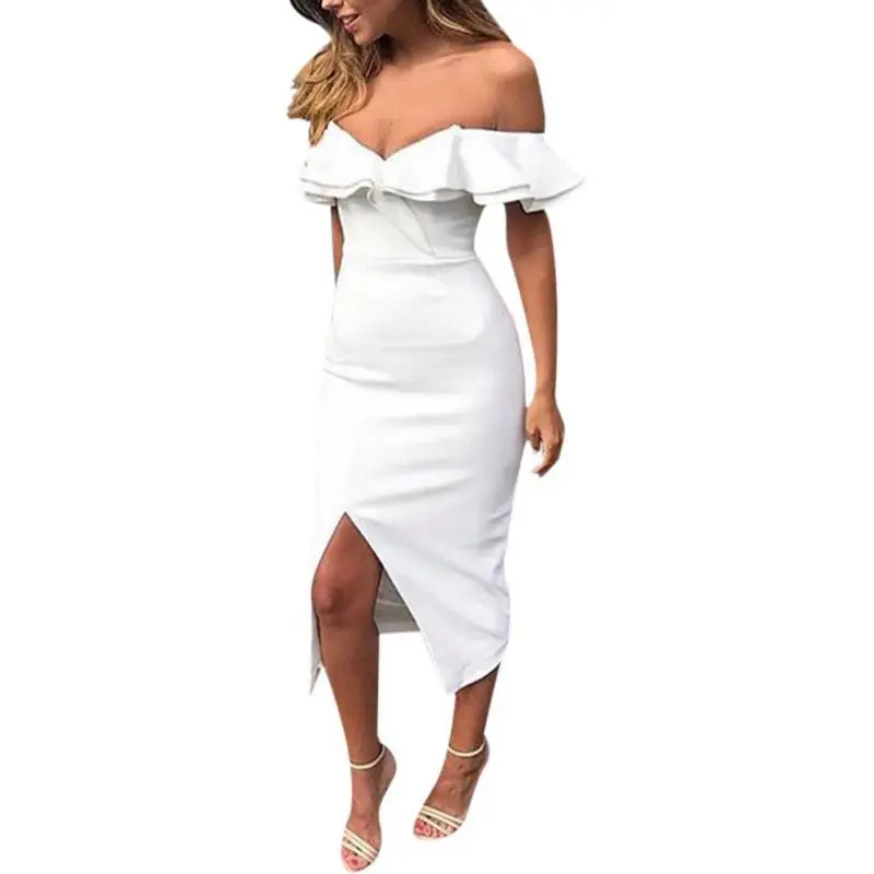 

Ruffles Wrapped Chest Bodycon Dress Off Shoulder Sexy Club Split Women Elegant Midi Party Sheath Dress 2018