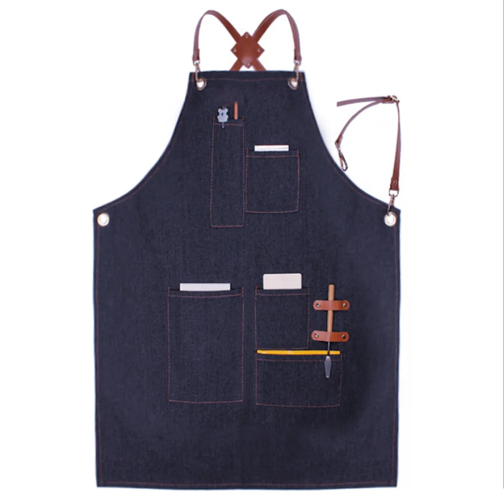Ladies Men Leather Strap Denim Bib Apron BBQ Florist Baker Bartender Barista Chef Work Uniform