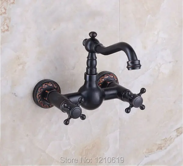 

Newly Retro Style Rotatable Spout Kitchen Sink Vessel Faucet Oil Rubbed Bronze Mixer Tap Dual Handles Dual Holes Wall Mounted