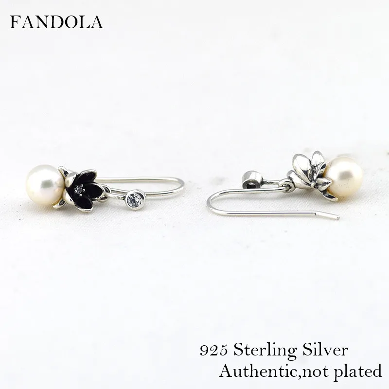 

White Pearl Earring 100% 925 Sterling Silver Floral Pendant Earrings for women oorbellen kolczyki PFE007