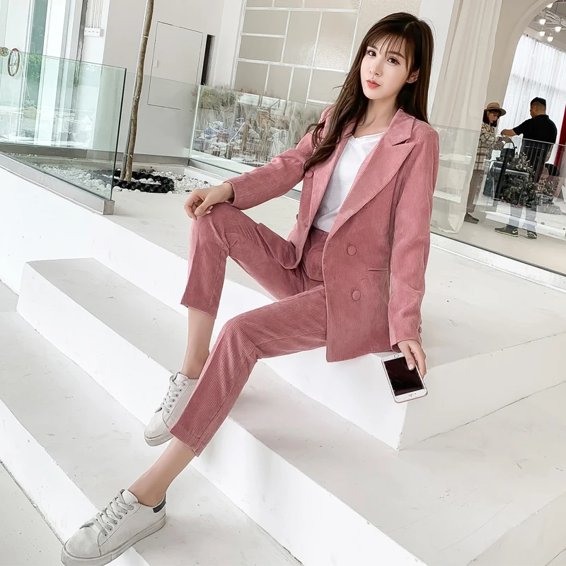 Women's Notched Collar Corduroy Blazer 2 Piece Set Model 2