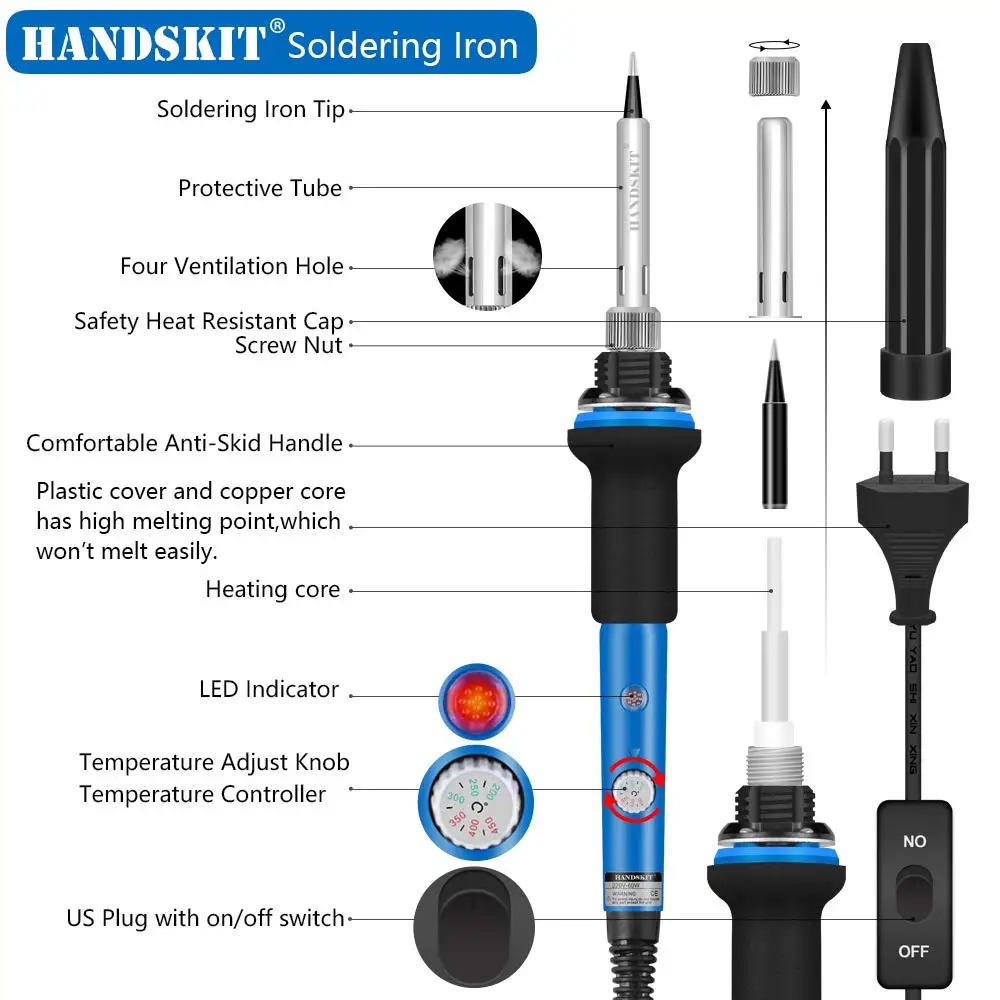 Электрический паяльник с регулируемой температурой для самостоятельной сборки, ЕС 110 В/220 В, 60 Вт, сварочный комплект, очиститель и сумка для переноски с медным наконечником