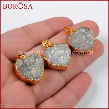 

BOROSA Heart Natural Stone Titanium AB Druzy Pendant Stone Druzy Geode Gold Bezel Pendant Druzy Jewelry Gems for Women G0389
