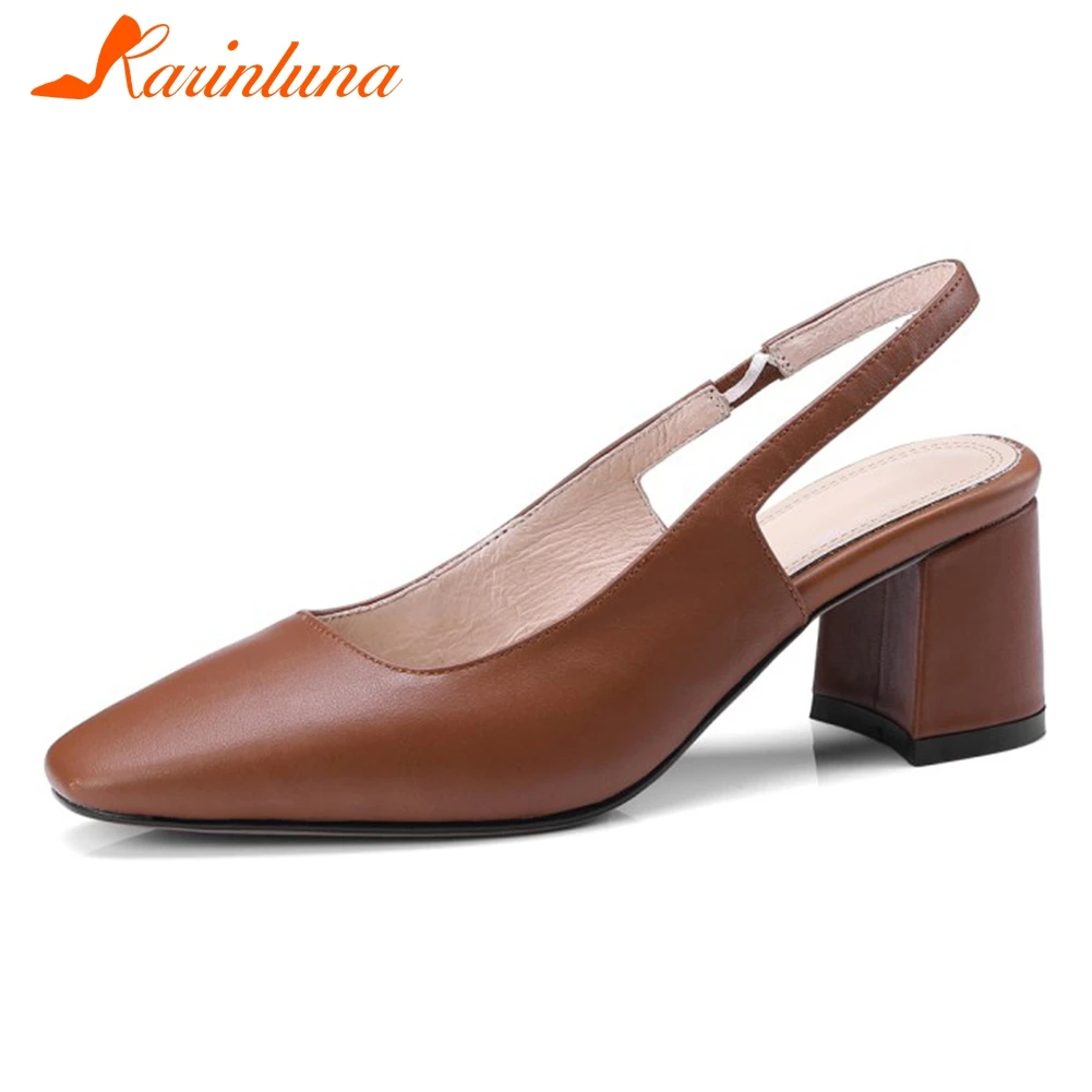 

KARINLUNA Genuine Cow Leather Retro Chic Sandals Woman Shoes Chunky Heels Slip On Comfortable Casual Office Shoes Woman Sandals