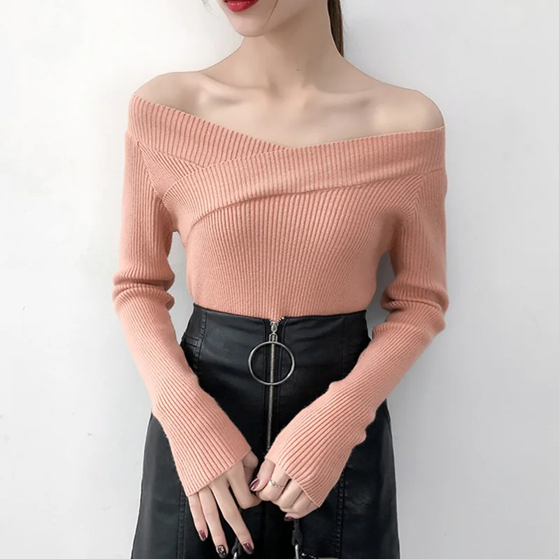 Ubei Core yarn sweater autumn /winter new Korean style fashion slash neck shoulder solid color slim bottom pullover Ubei Core yarn sweater autumn /winter new Korean style fashion slash neck shoulder solid color slim bottom pullover