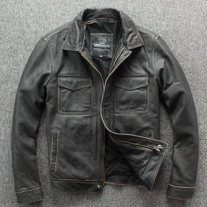 

Free shipping.Brand new classic leather jacket.mens casual vintage thicker coat.cowhide warm jackets.Stone mill motor plus size
