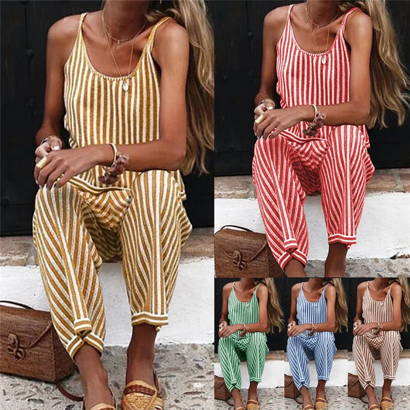 

New Fashion Womens Ladies Casual Summer Sleeveless Striped Jumpsuits Rompers Casual Loose O-Neck Playsuits Full Long Length