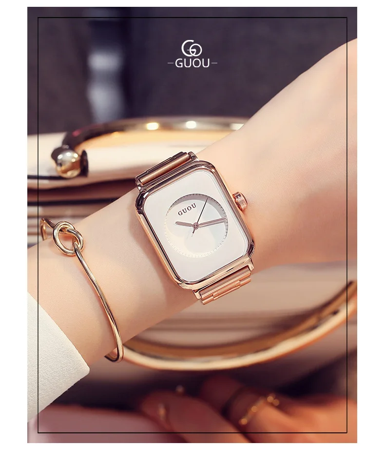 GUOU Роскошные брендовые качественные часы из розового золота Женские часы прямоугольник полностью стальной браслет часы montre femme relogio femmes montres
