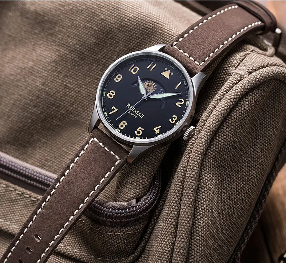 Relojes Hombre Men Fashion Moon phase Leather Strap Watch Business Quartz Watches 2018 New Design Male Clock Wristwatches RUIMAS