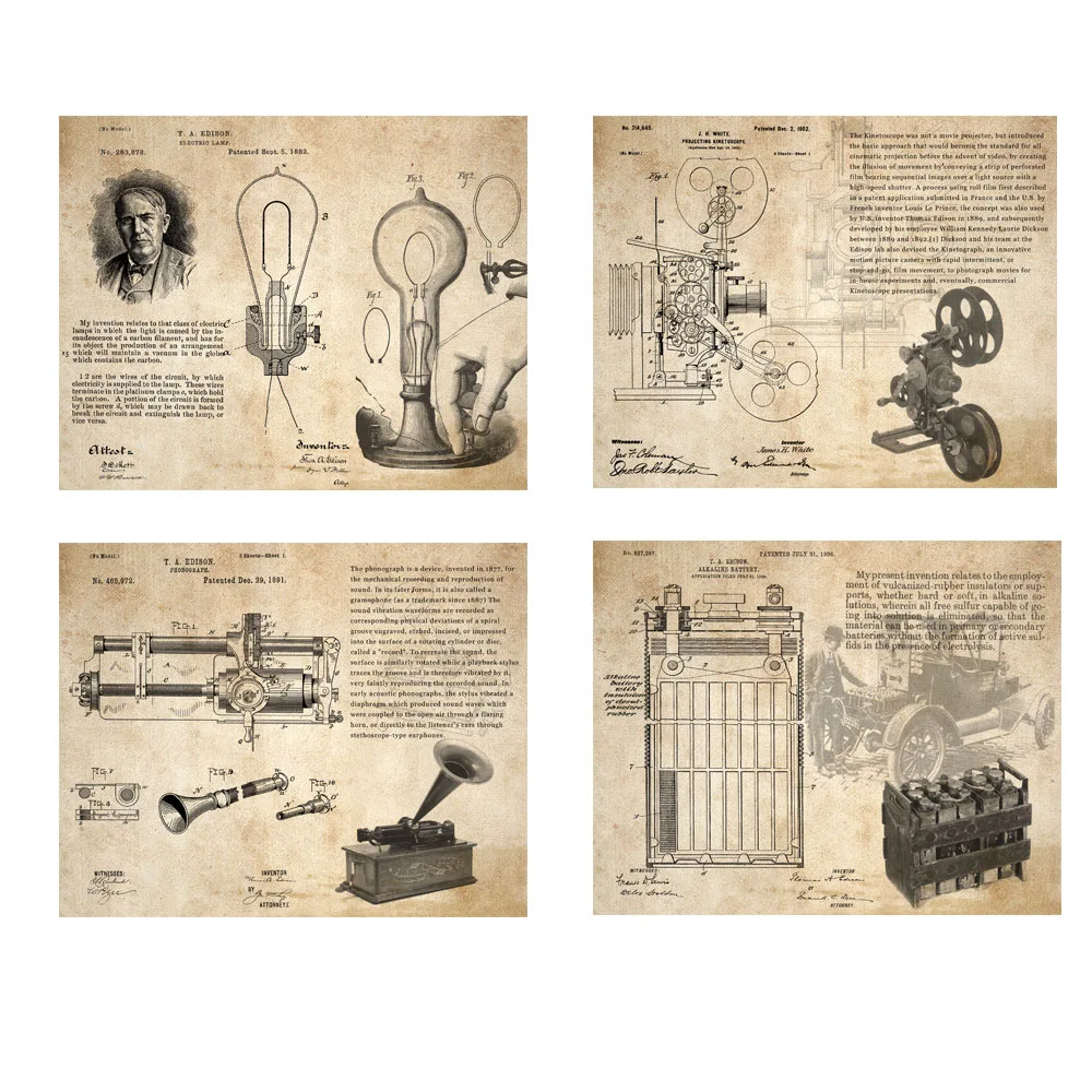 

Edison invention cell electric lamp phonography projecting kinetoscope vintage patent art prints 4 in 1 set /edu art unframed