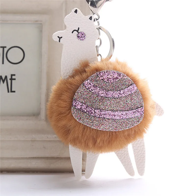 Keyring Fur Ball Car Key Chain Accessories Colorful Leather Alpaca Pompom Pendants Jewelry Keychain