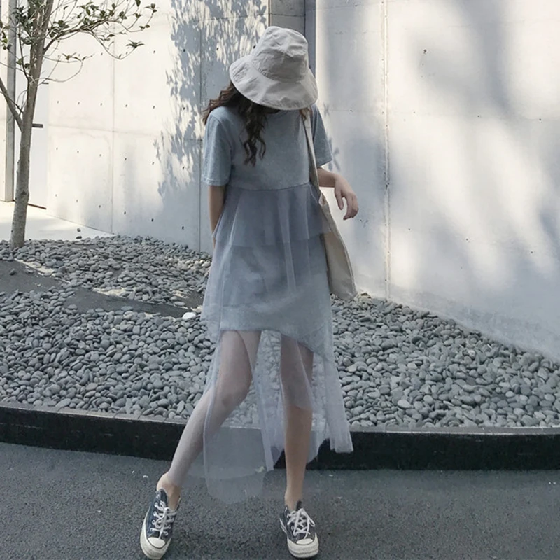 

Special Design Black Dress Women Summer Mesh Patchwork Chic Young Asymmetrical Robe Femme Korean Style Loose Elegant Dress 2019