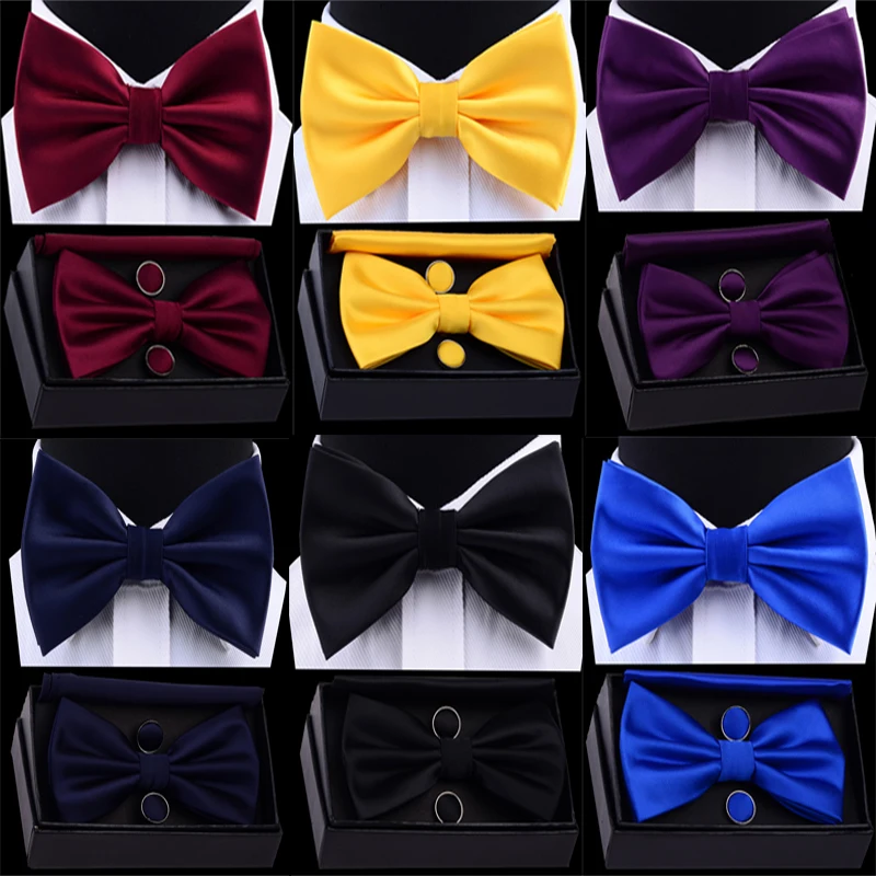 GUSLESON Men's Silk Adjustable Pocket Square Cufflinks Bow Tie Set Waterproof Solid Plain Bowtie Handkerchief Set with Box