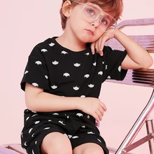 BalabalaBaby/комплекты с короткими рукавами для мальчиков Новинка года, летняя детская хлопковая Футболка с принтом «три глаза монстра»+ шорты детская одежда