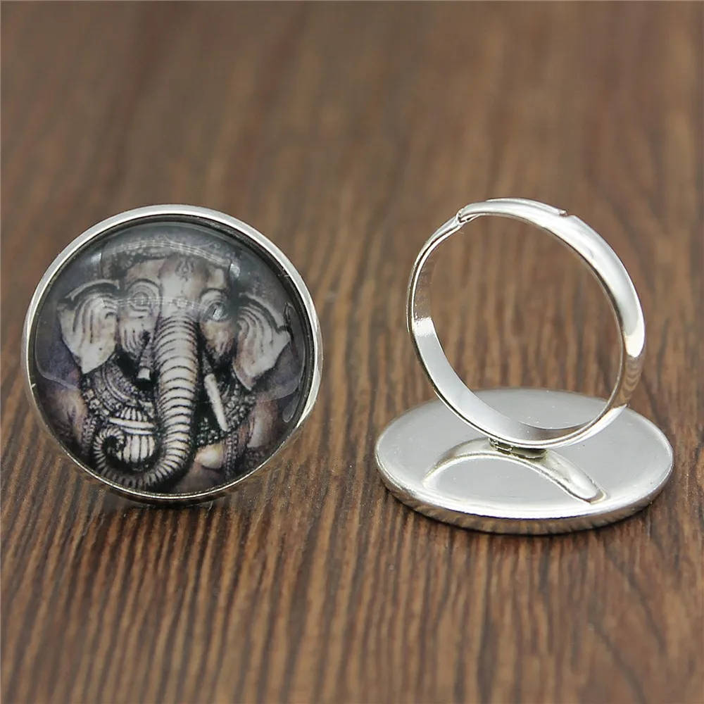 

2019 Fashion 2 Colors 20mm Ganesha Elephant Glass Cabochon Handmade Rings Adjustable Finger Ring For Women