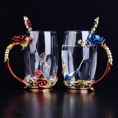 

8 Patterns Glass Enamel Tea Cup Coffee Mug Perfect Quality Heat Resistant Birthday Gift Rose Creative Water Bottle With Spoon