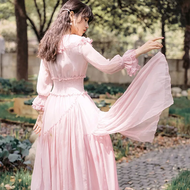 HANZANGL Розовое Шифоновое платье весна осень женские темпераментные нерегулярные гофрированные повседневные винтажные Длинные вечерние платья