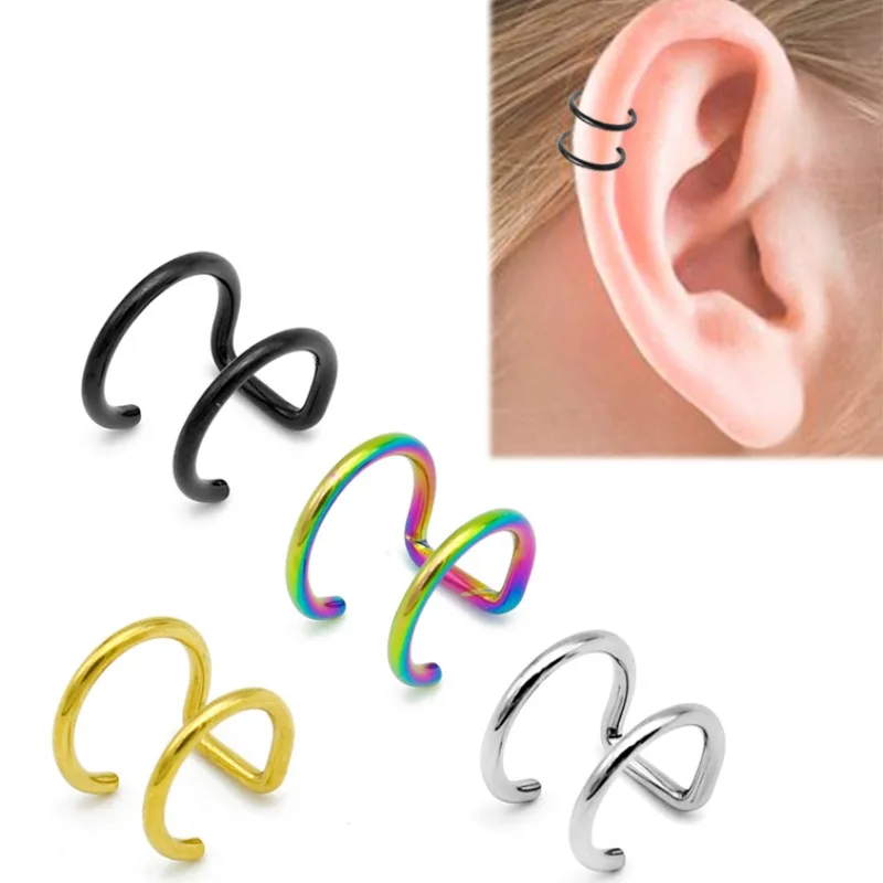 

Stainless Steel Double Hoop Ear Cuff Clip On Earring Non Piercing Closure Trendy Simple Clip Earrings