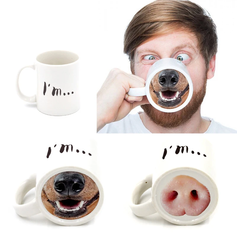 

Funny Dog Pig Nose Mug Cup Ceramic Creative Mark Beverage Laugh Tea Cups