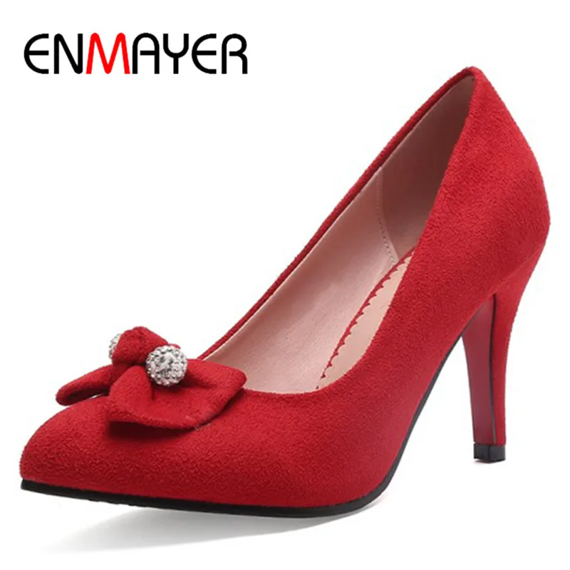 

ENMAYER Office Ladies Shoes Woman High Heels Pumps Round Toe Plus Size 34-43 Bowties Black Red Blue Wine red Shoes