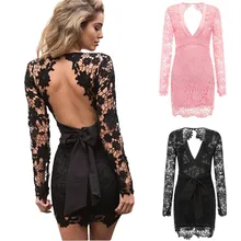 Women Sexy Hollow Out Dress 2019 New Arrival v-neck backless dress party dress Long Sleeve Crochet Lace Dress contrast hollow out crochet yoke dress