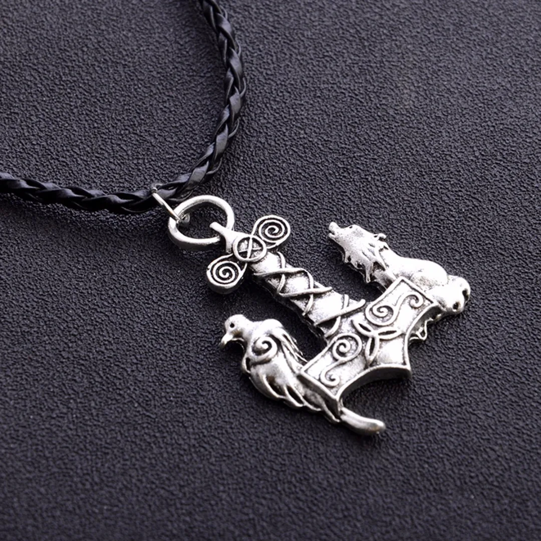 Nordic Viking Wolf & Raven Bird Ancient Jewelry Black Leather Necklace