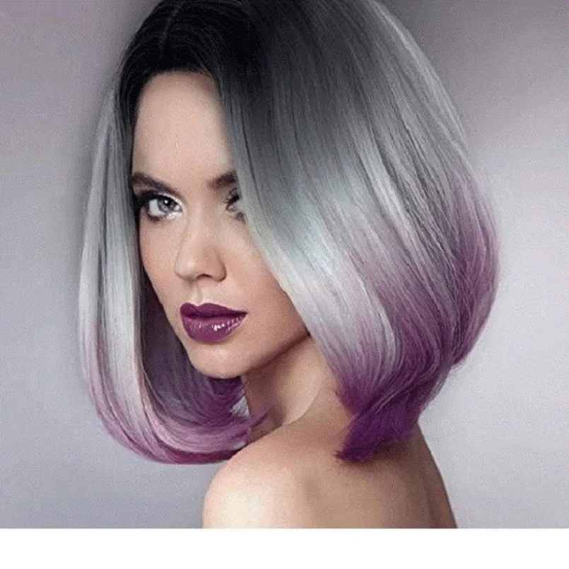 LISI волосы короткие парики синтетические волосы парики для женщин черный Боб прямые волосы парик Серый Фиолетовый Омбре термостойкие 10 дюймов - Цвет: Фиолетовый