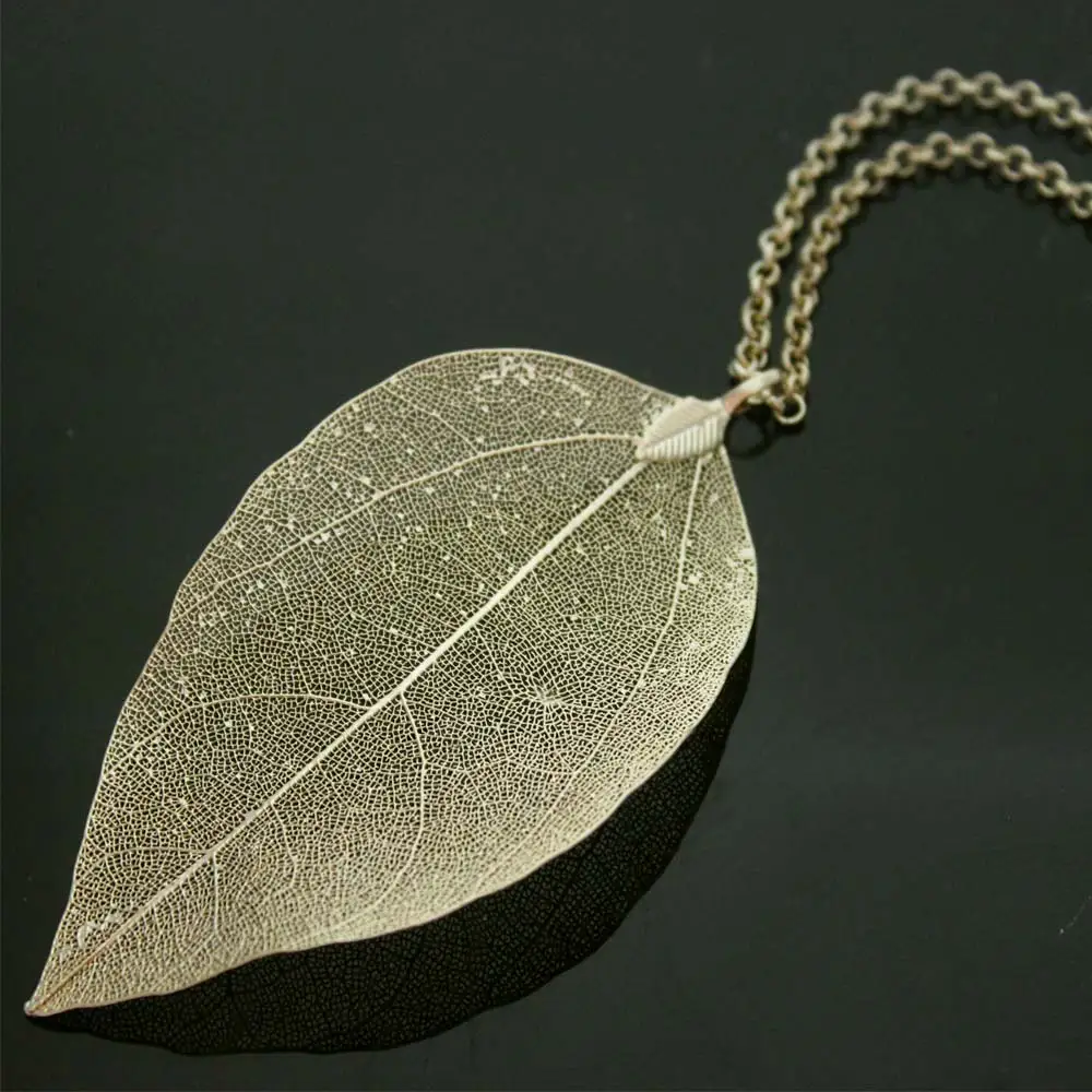 Leaf Necklace Gold Plated Natural Leaf Pendant Maxi Long Chain Vintage