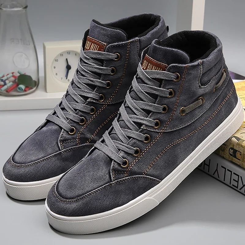 Men's denim footwear wear resistant fashion high top sneakers casual shoes men lace-up 2019 hot brand shoes black