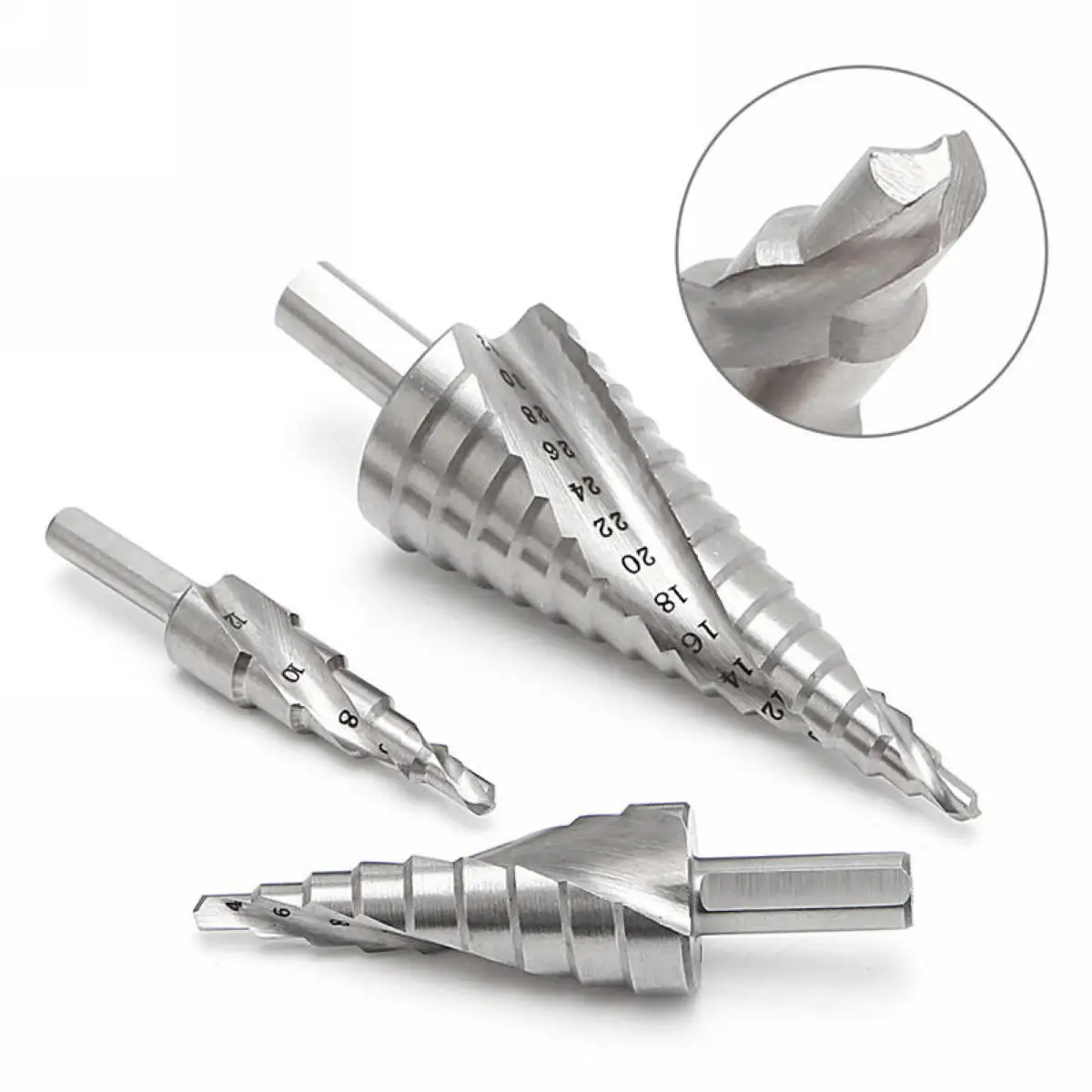 

3Pcs HSS 4241 Hole Cutter Spiral Flute Step Drill Bit Set Core Cone Step Drill